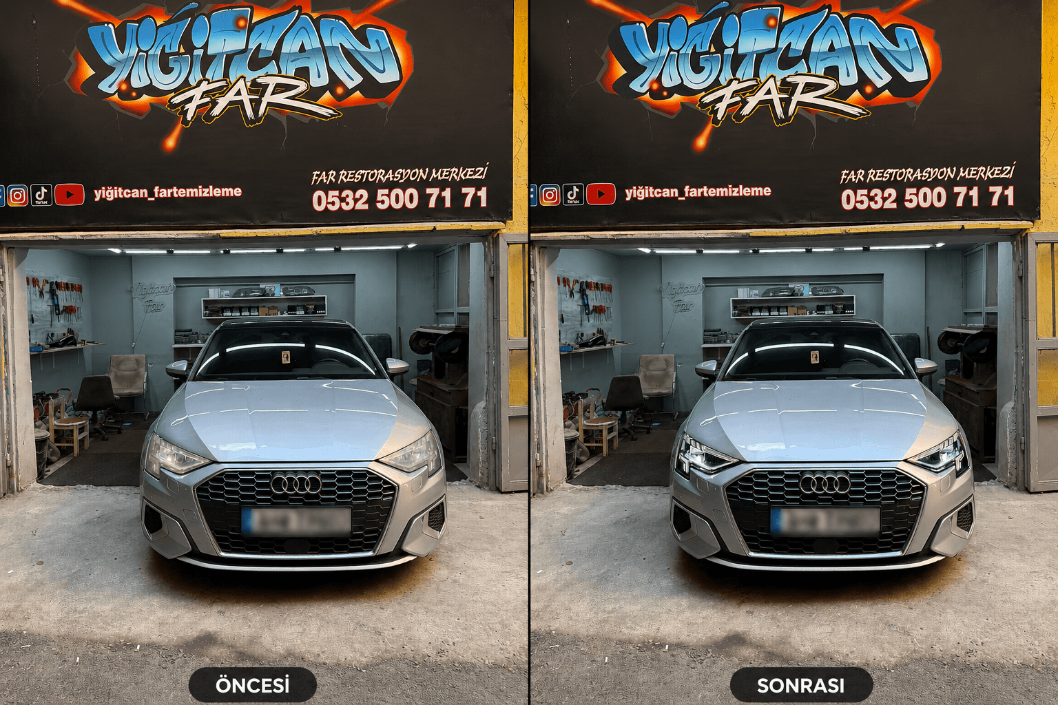 Audi far restorasyonu öncesi ve sonrası — Yiğitcan Far Temizleme